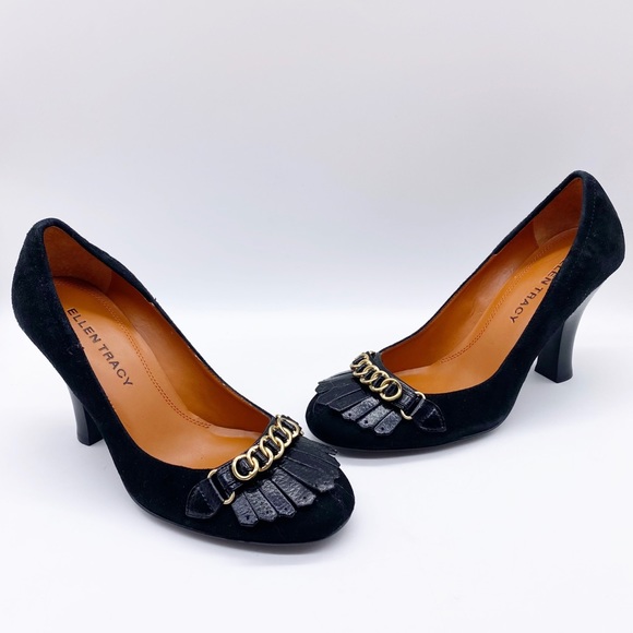 Ellen Tracy Black Leather Fringe Round Toe Heel 7 - Picture 2 of 7